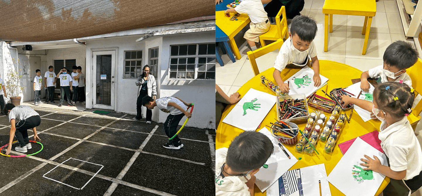 Students in a PE class and painting during an art activity